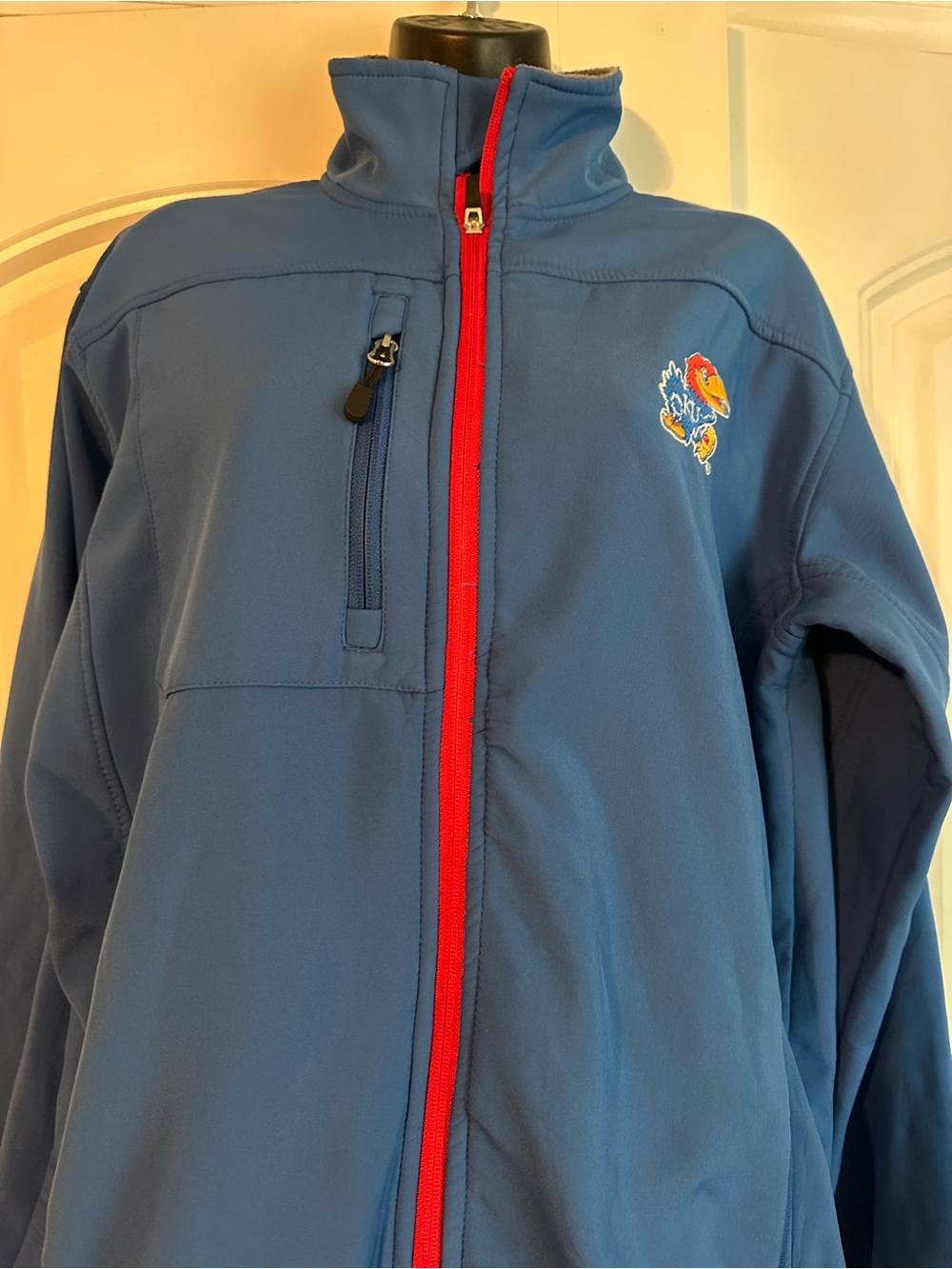 Knights Apparel Blue Puffer Jacket with Red Trim and Mascot Patch